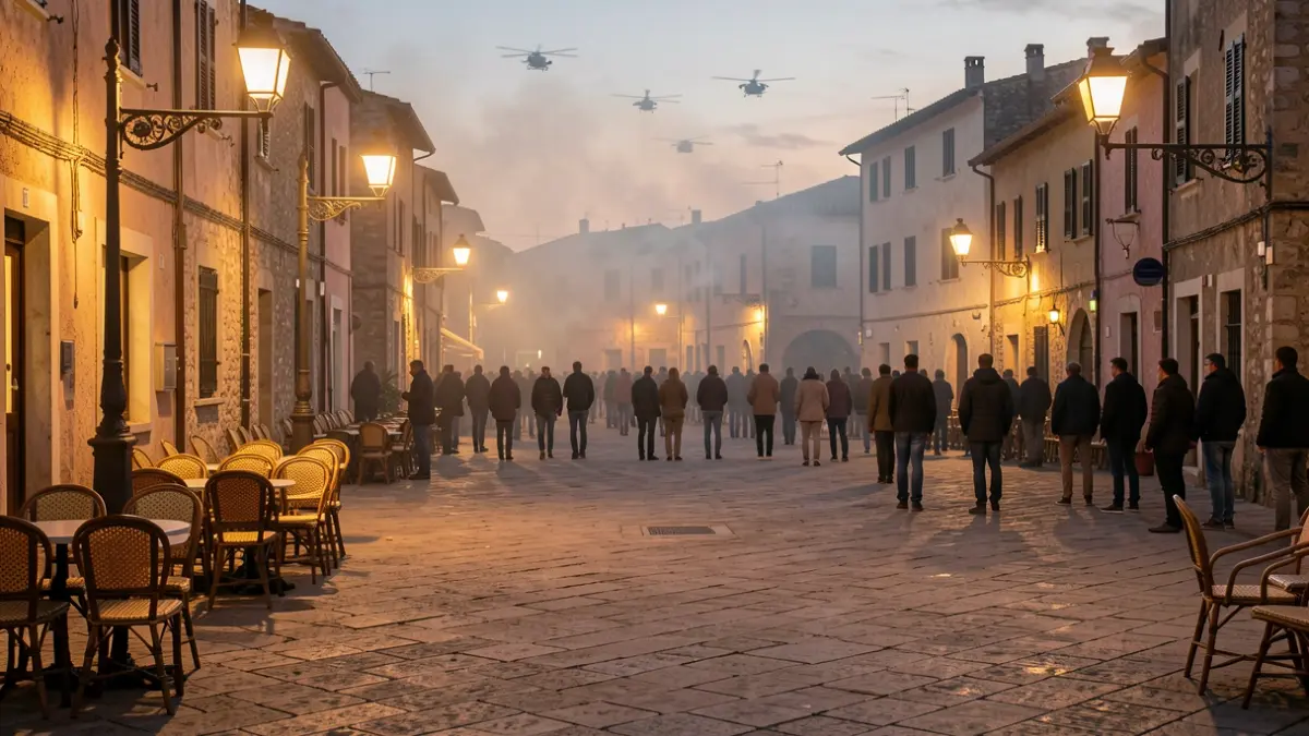 Imatge genèrica d'una plaça de poble mediterrani al capvespre, amb mobiliari urbà i llum càlida.