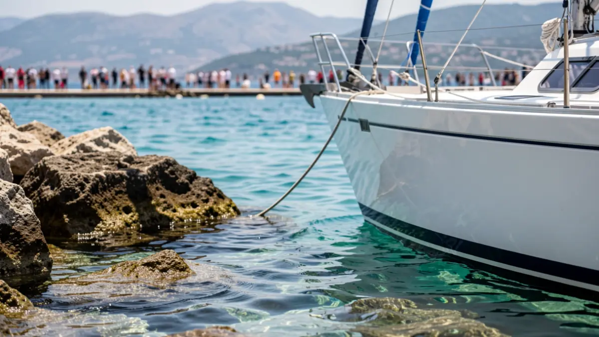 Image of a sailboat grounded on rocks in shallow waters near the coast.