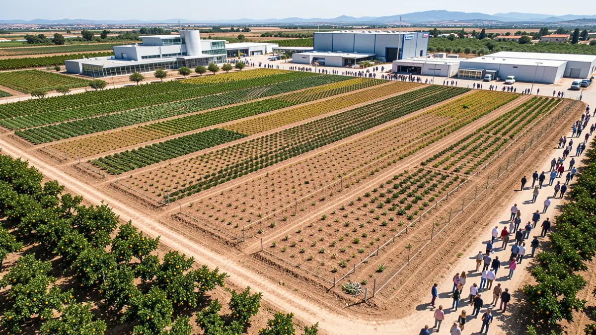 Aerial view of agricultural experimental land in Vila-real, with research facilities.