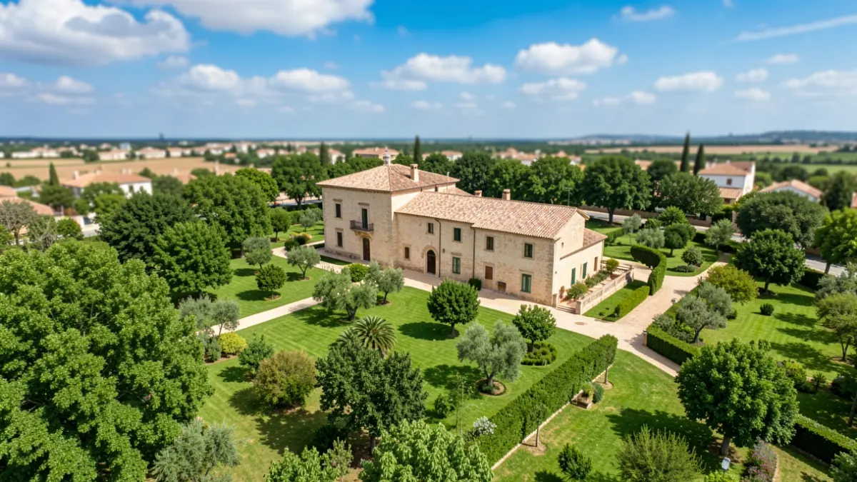 Aerial view of a large garden surrounding a historic building in Vila-real.