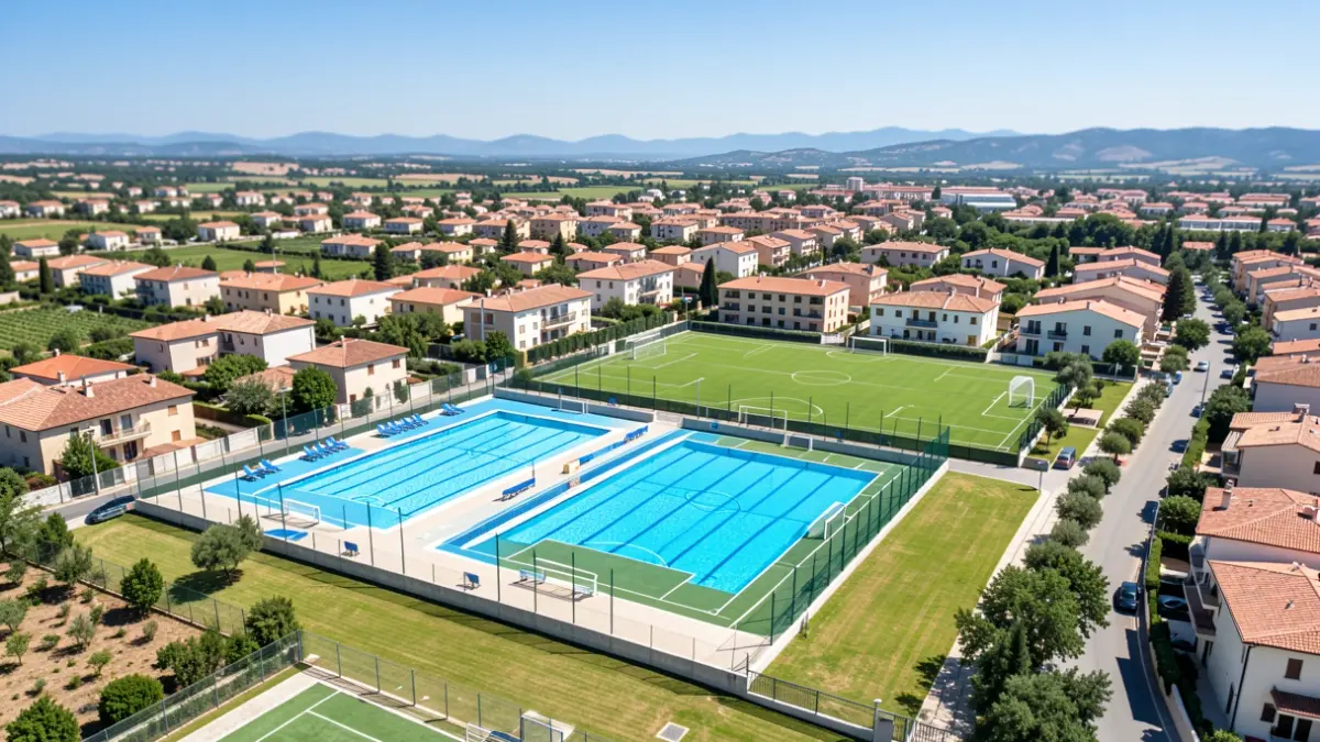 Generic image of a municipal sports complex with pools and fields.