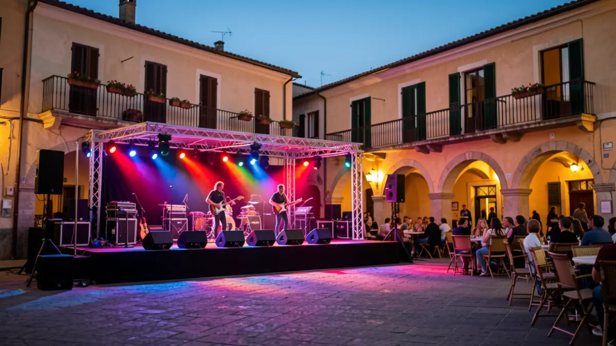 Imagen genérica de un escenario exterior en una plaza de pueblo valenciano al atardecer, con luces festivas.