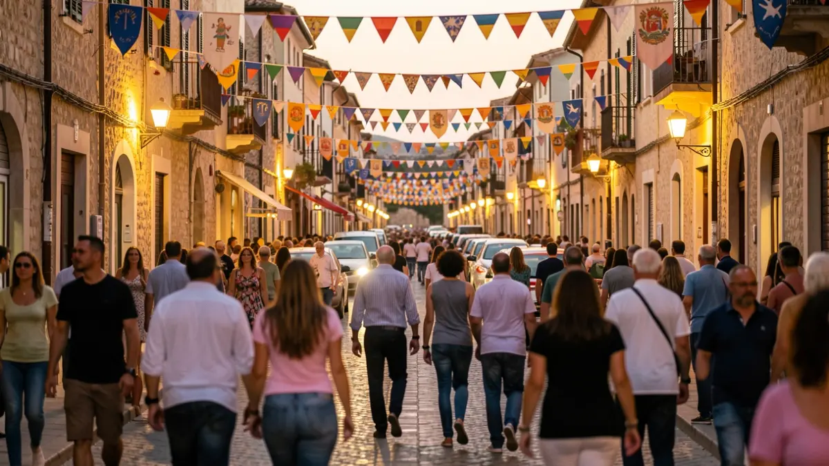 Imagen genérica de una calle de pueblo valenciano durante unas fiestas con elementos decorativos y gente caminando.