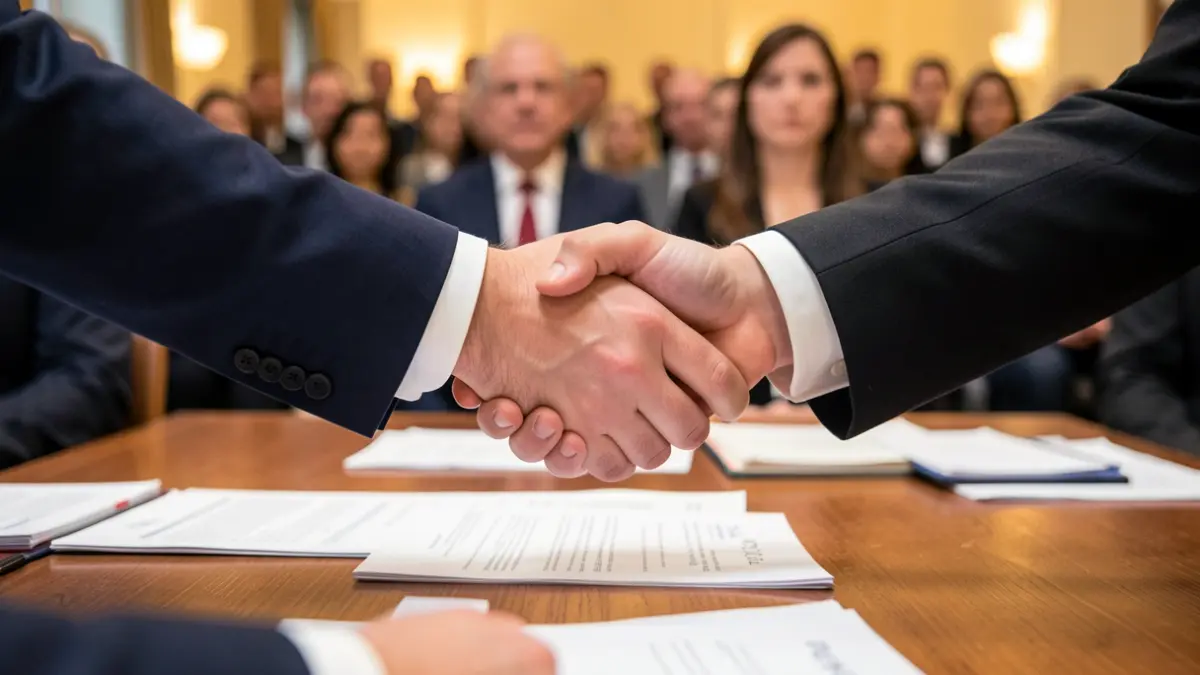 Generic image of two hands shaking over a desk with paperwork, symbolizing an official agreement.