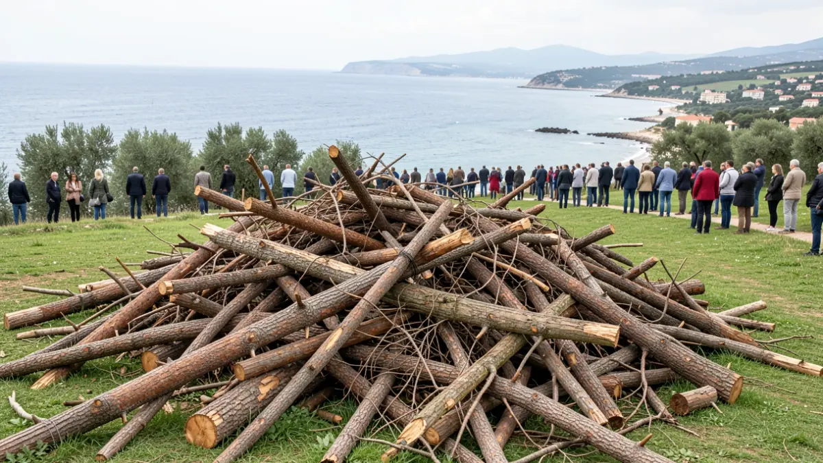 Generic image of dry pine logs stacked in a coastal green area.