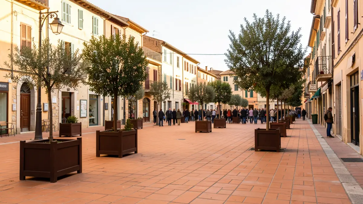 Imagen genérica de una plaza de pueblo mediterráneo con aceras ampliadas y arbolado nuevo.