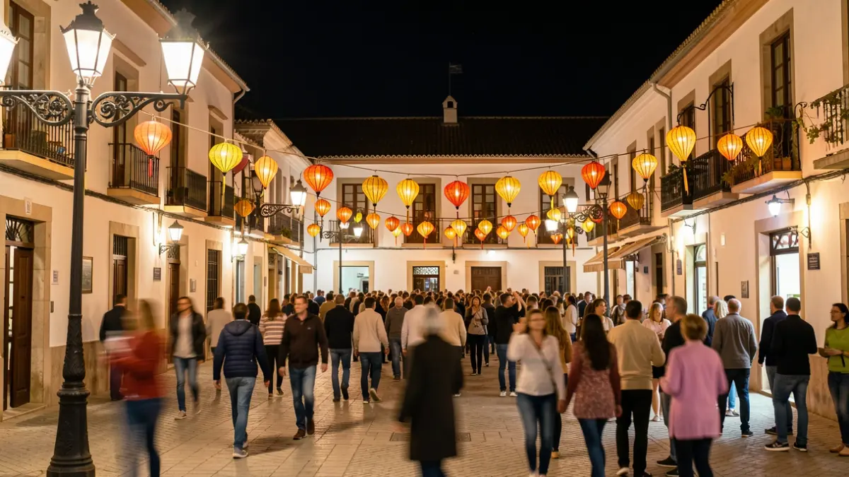 Imatge genèrica d'una festa nocturna amb fanalets tradicionals en una plaça mediterrània.