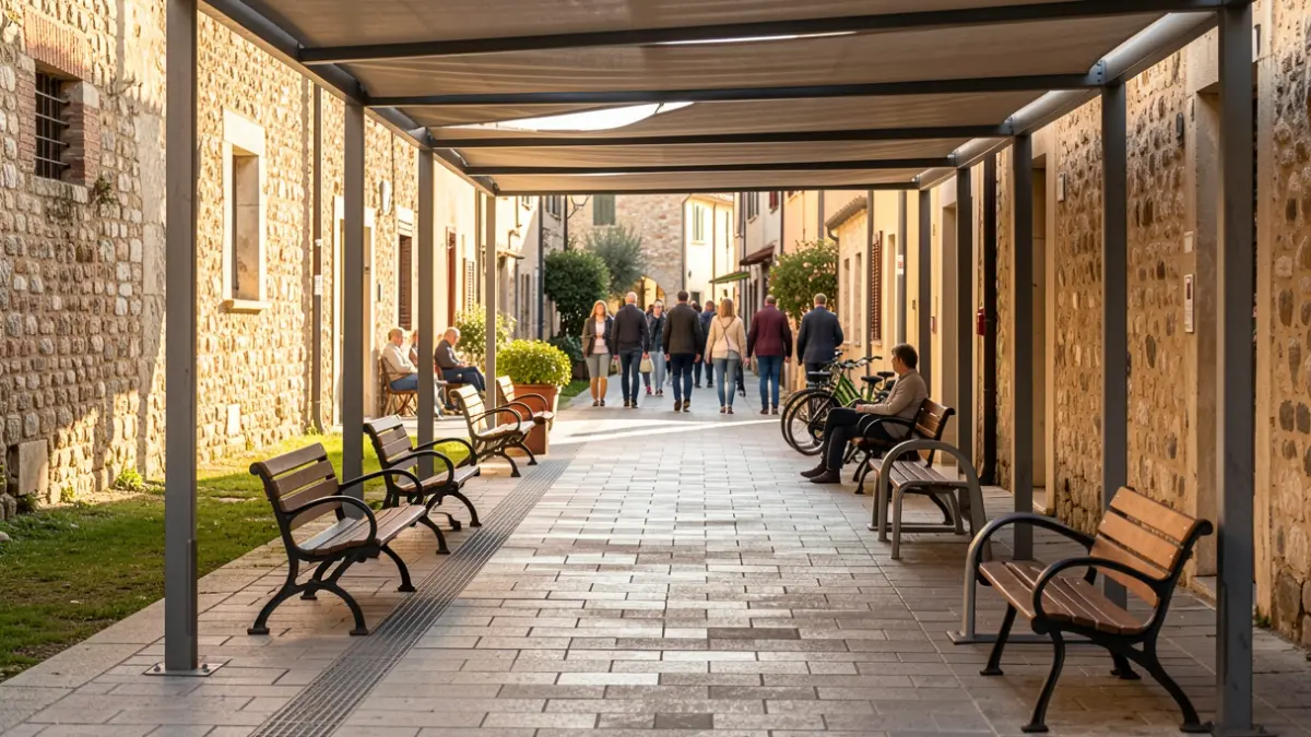 Imatge genèrica d'una zona de descans amb bancs i aparcament per a bicicletes.