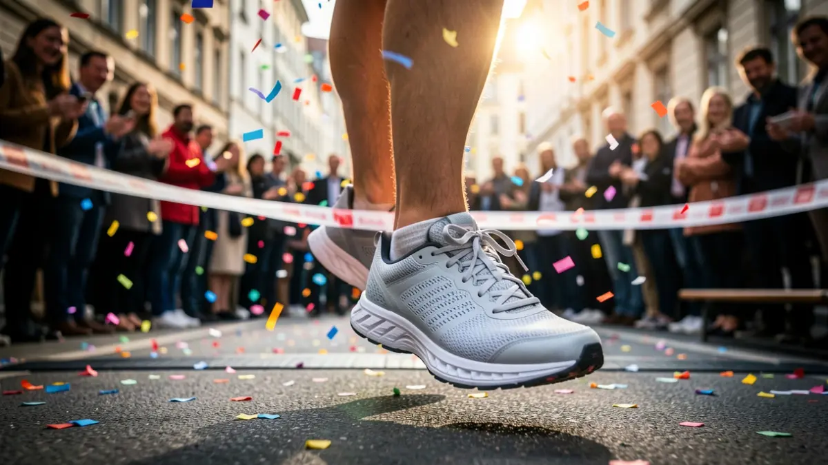 Generic image of a running shoe crossing a finish line with confetti.