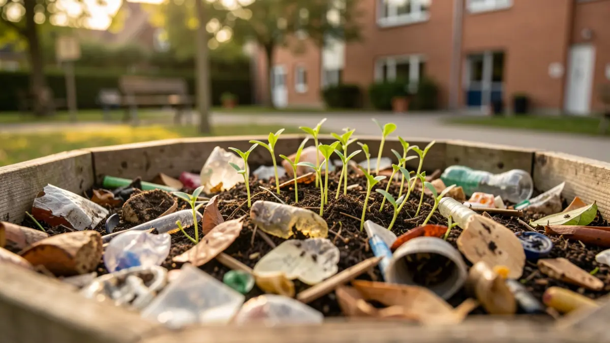 Imagen genérica de un compostador escolar con restos orgánicos.