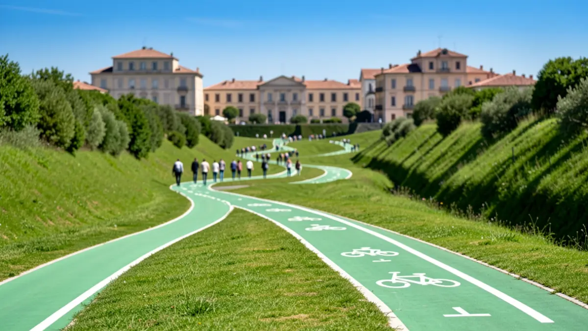 Imagen genérica de una red de ciclovías en un corredor verde con edificios al fondo.