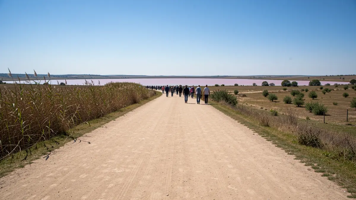 Generic image of the Torrevieja Green Way, a wide path crossing a natural landscape with vegetation and the Pink Lagoon in the background.