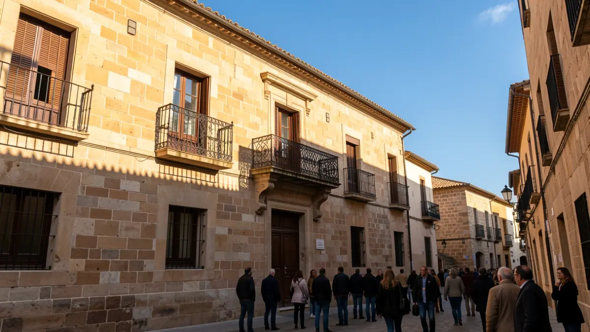 Ajuntament d'Aiora amb balcó i llum de vesprada.