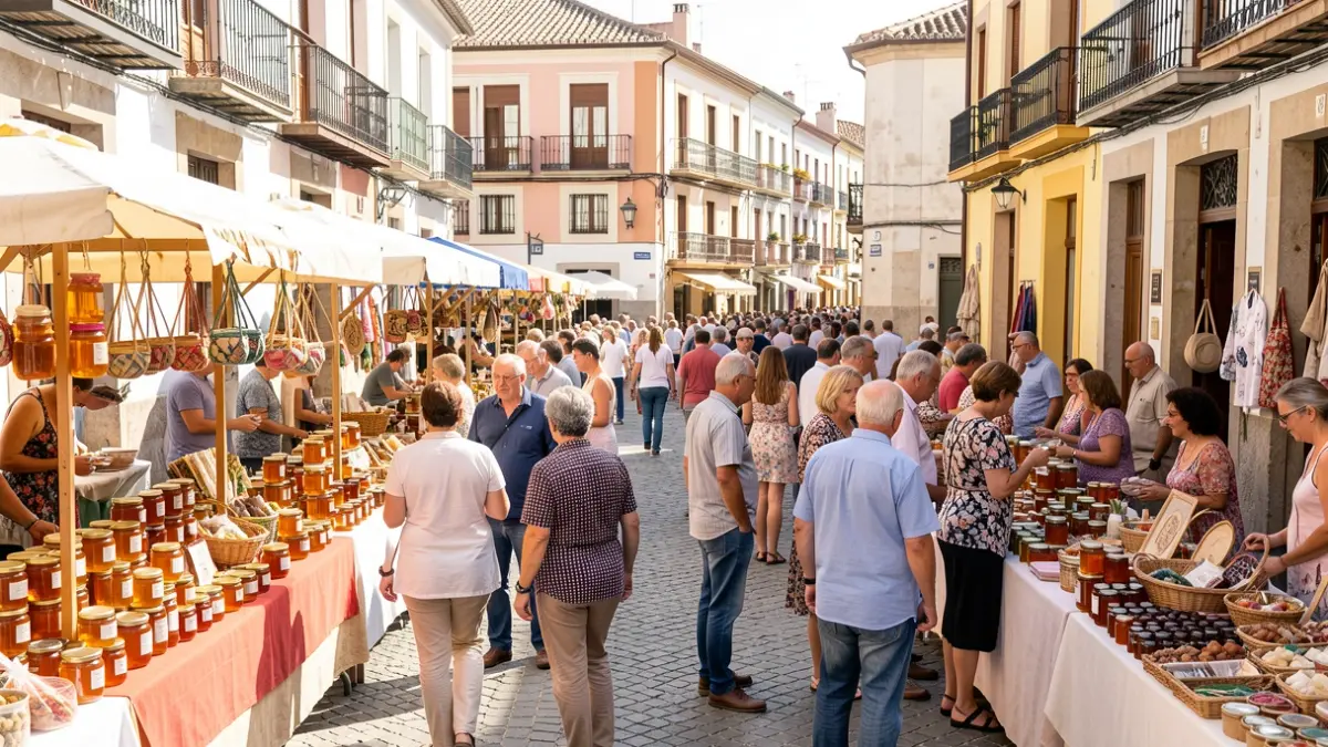 Imatge genèrica d'un poble valencià celebrant una fira amb parades de productes locals i activitats culturals.