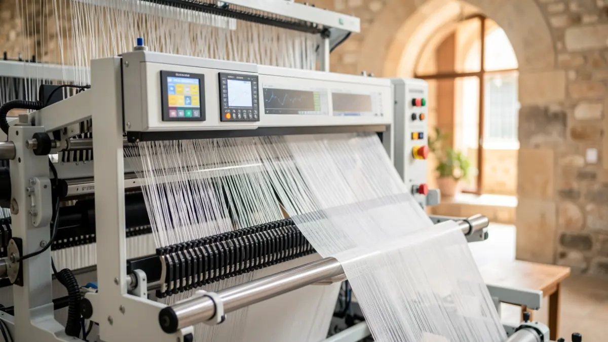 Generic image of advanced textile machinery with threads and digital displays.