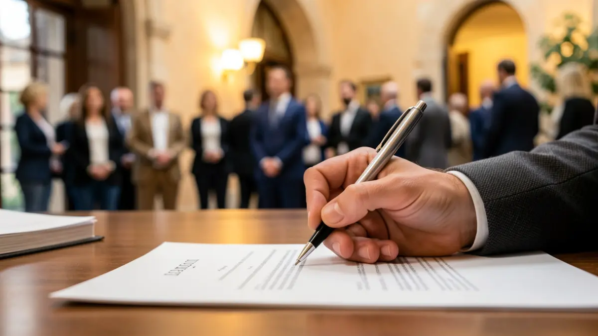 Imatge genèrica d'una mà signant un document en un entorn oficial.