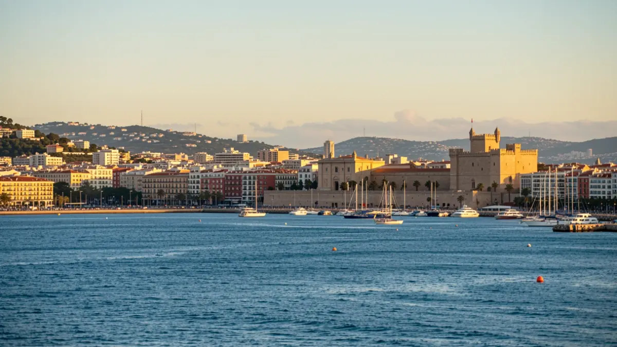 Panoramic view of the Alicante coastline with the Castle of Santa Bárbara and the city bathed in sunset light.