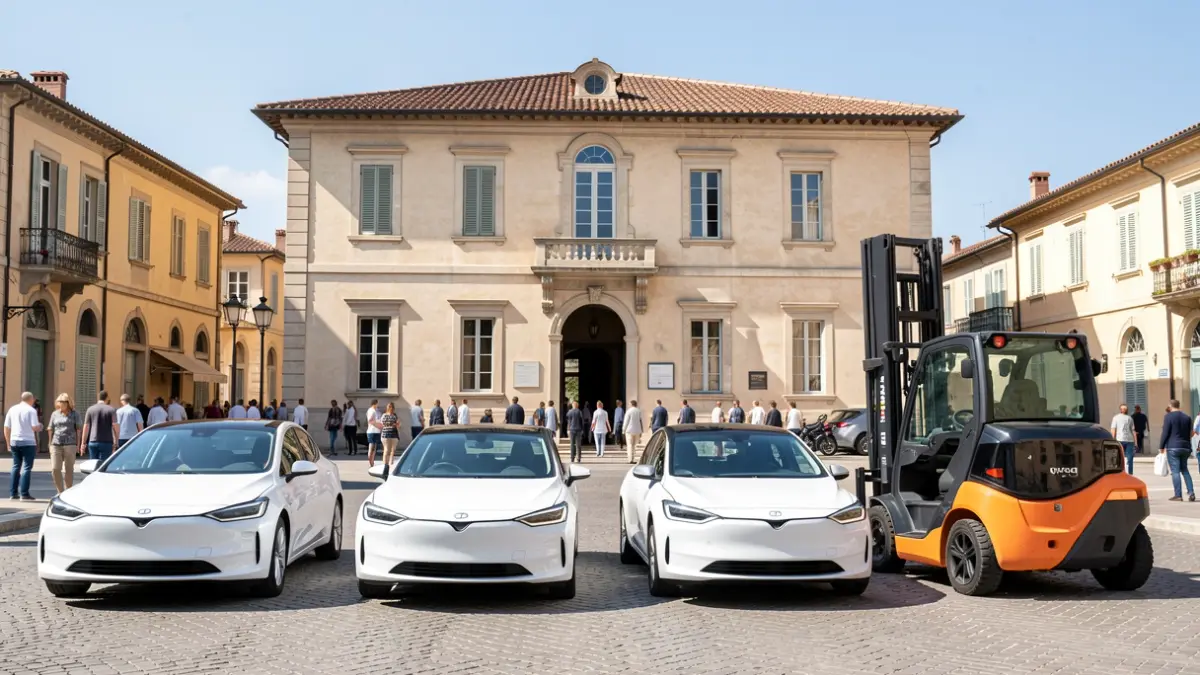 Imatge genèrica de vehicles elèctrics municipals davant d'un ajuntament.