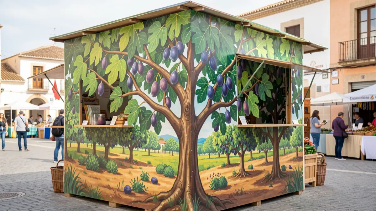 Imatge d'un estand recreant un hort tradicional d'Albatera amb un mural de figueres i breves a la fira Alicante Gastronómica.