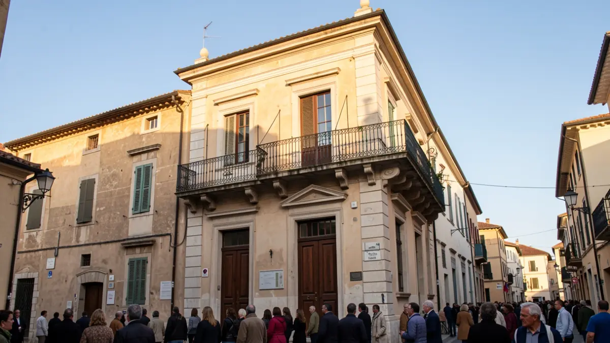 Generic image of a Mediterranean town hall facade with a balcony and blue sky.