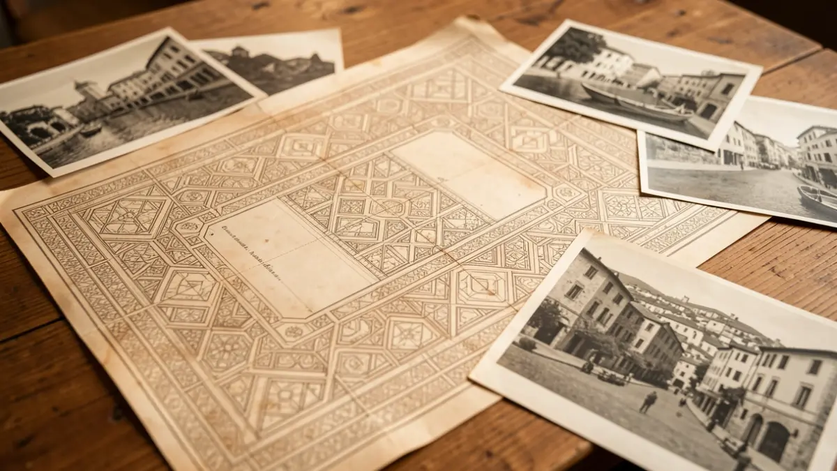 Generic image of a historical architecture blueprint with vintage photographs.
