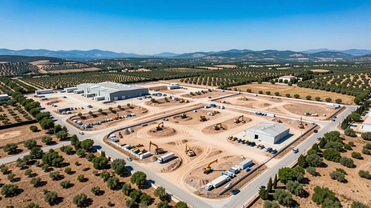 Vista aérea de terrenos industriales con vegetación mediterránea y colinas al fondo.