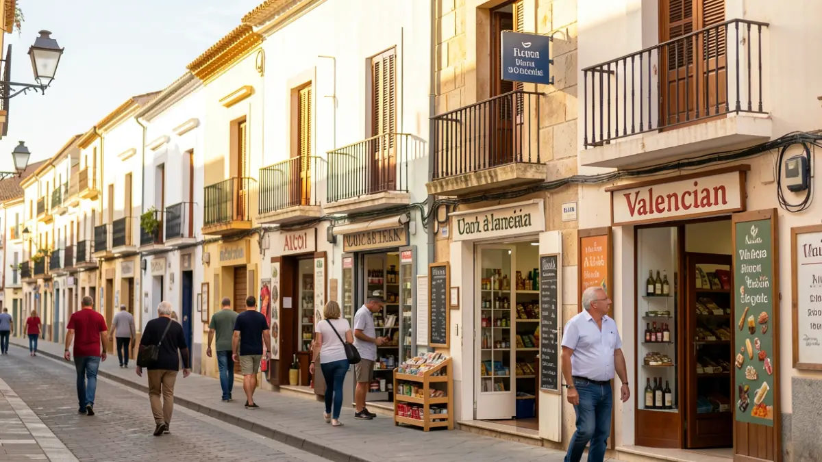 Generic image of street shops in Alcoi with Valencian language signage.