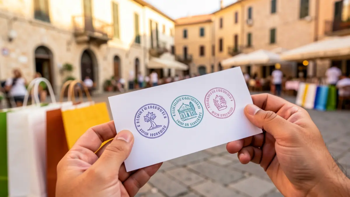 Imagen genérica de una tarjeta de participación con sellos, con bolsas de compra y una plaza al fondo.
