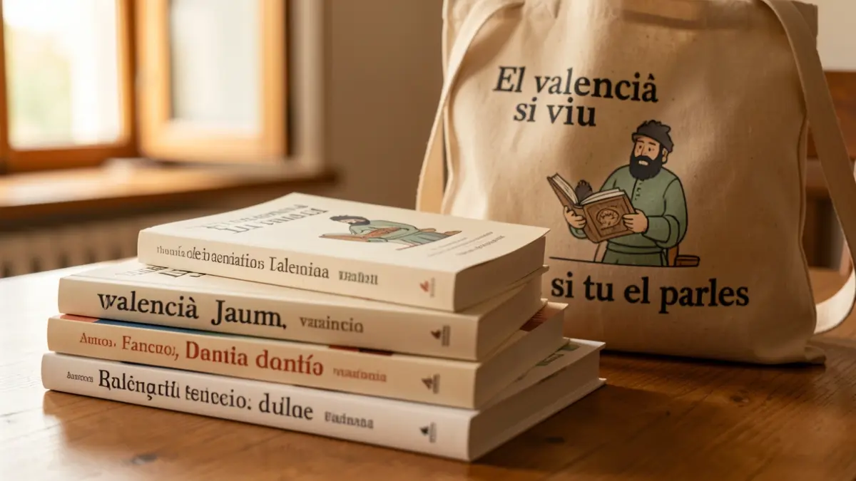 Image of a cloth bag and a bookmark featuring Jaume I reading, promoting reading in Valencian at the Alcoy Book Fair.
