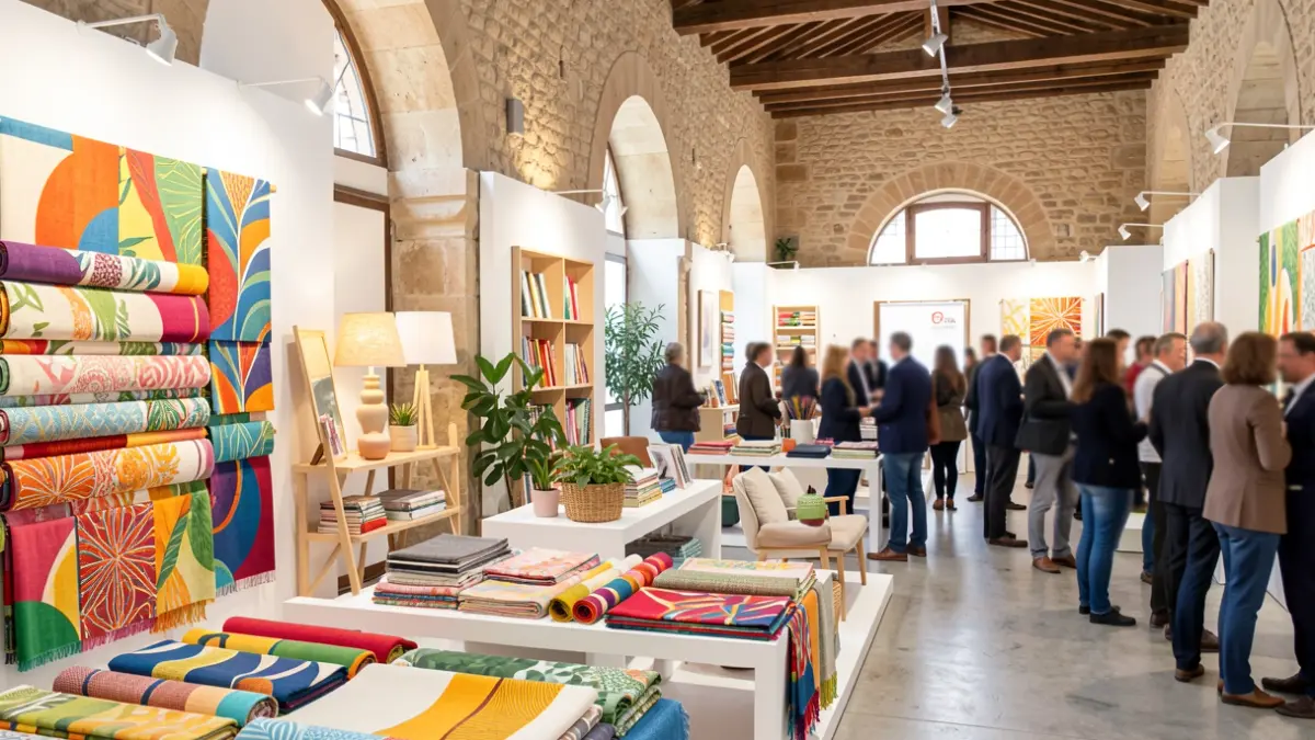 Imagen de una feria de textil-hogar en Valencia con expositores y compradores.