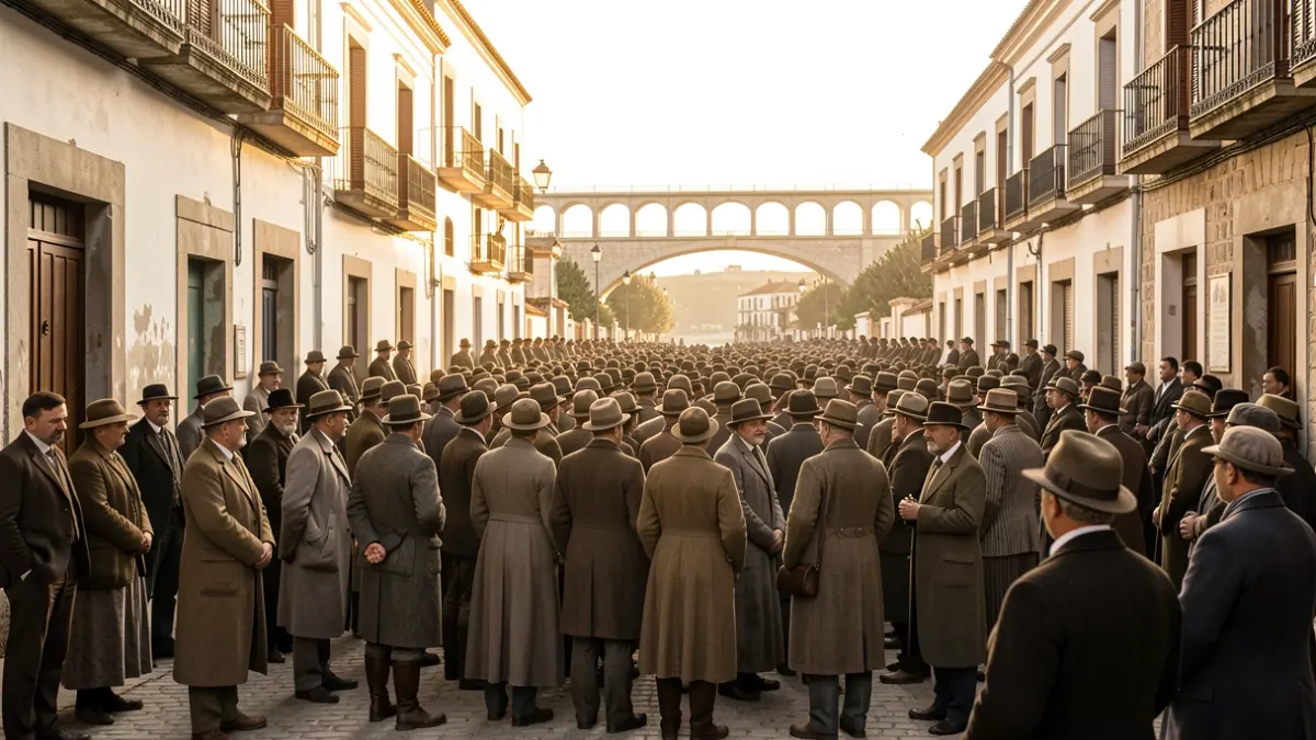 Historical reenactment of the Canalejas Viaduct inauguration in Alcoi with citizens dressed in period attire.