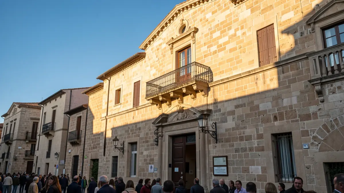 Facade of a Mediterranean town hall with a balcony and iron railings, illuminated by warm afternoon light.