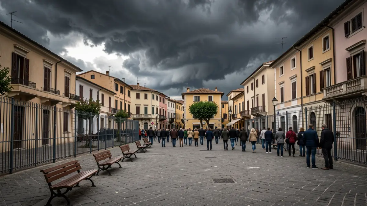 Generic image of storm clouds over a Mediterranean town square with empty benches and closed park gates.