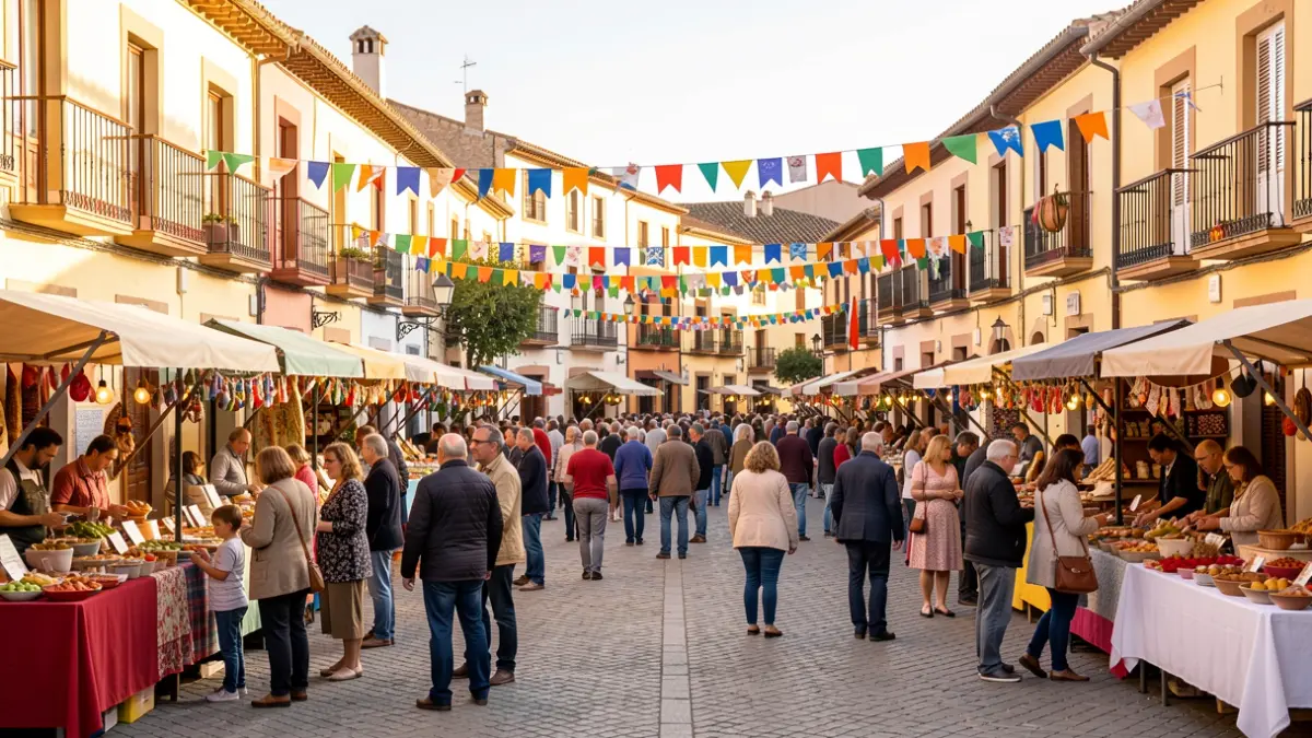 Imatge genèrica d'una plaça de poble mediterrani plena d'activitats i gent celebrant una festa comunitària.