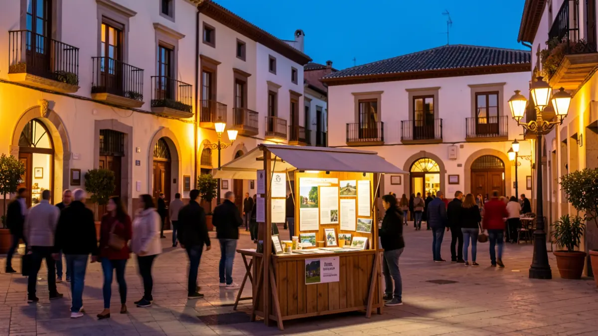 Generic image of a Valencian town square with an information stand and people around.