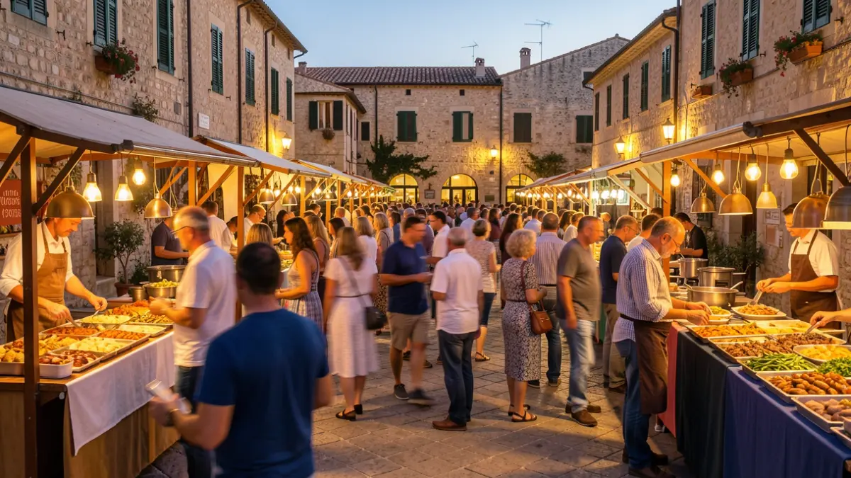 Generic image of a gastronomic festival in a Mediterranean square at dusk, with food stalls and a festive atmosphere.
