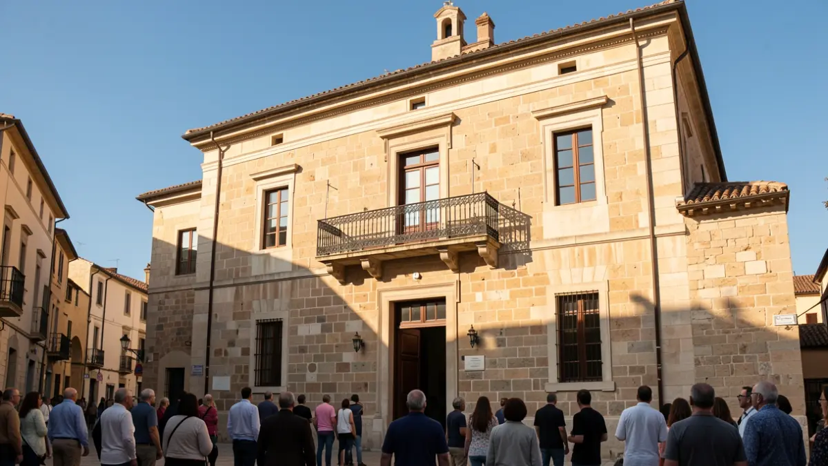 Stone facade of the Almassora town hall with an ornate balcony under the sunlight.