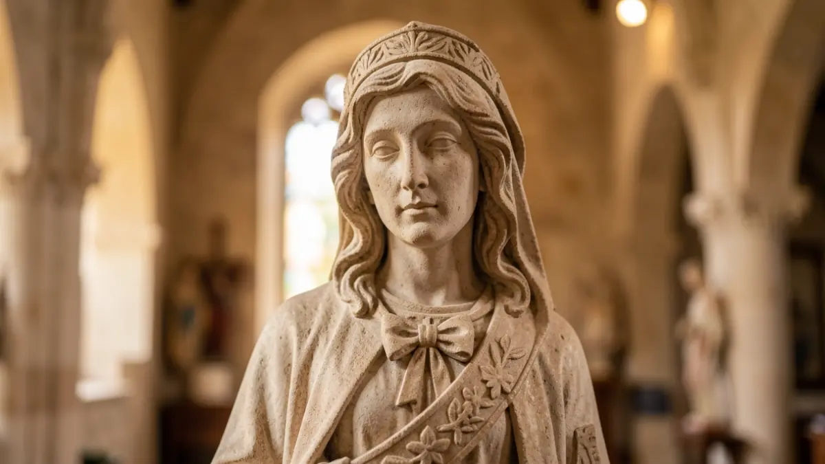Detalle de una imagen religiosa de José María Ponsoda en una iglesia.