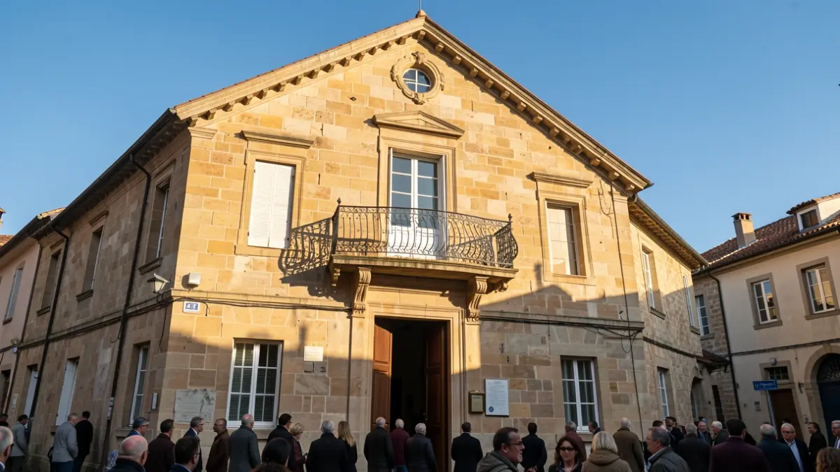 Generic image of a town hall facade with a balcony and afternoon sun.
