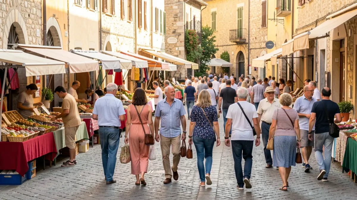Imatge genèrica d'una plaça de poble mediterrani amb ambient festiu.