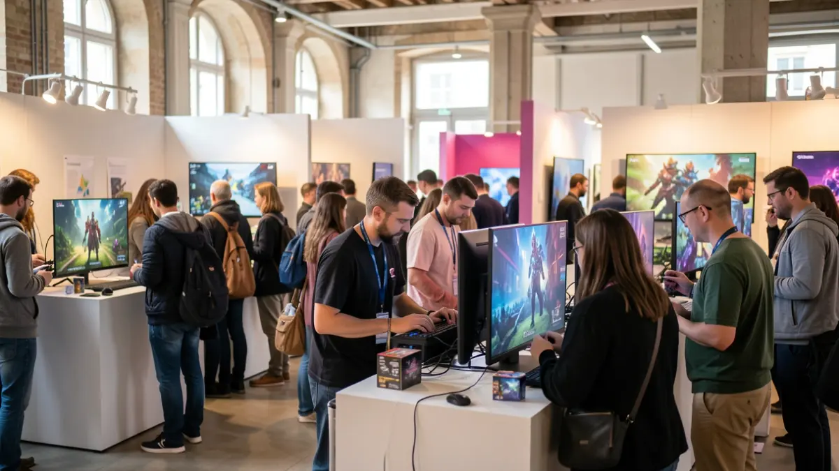 Imagen genérica de un salón de videojuegos independiente con asistentes y expositores.