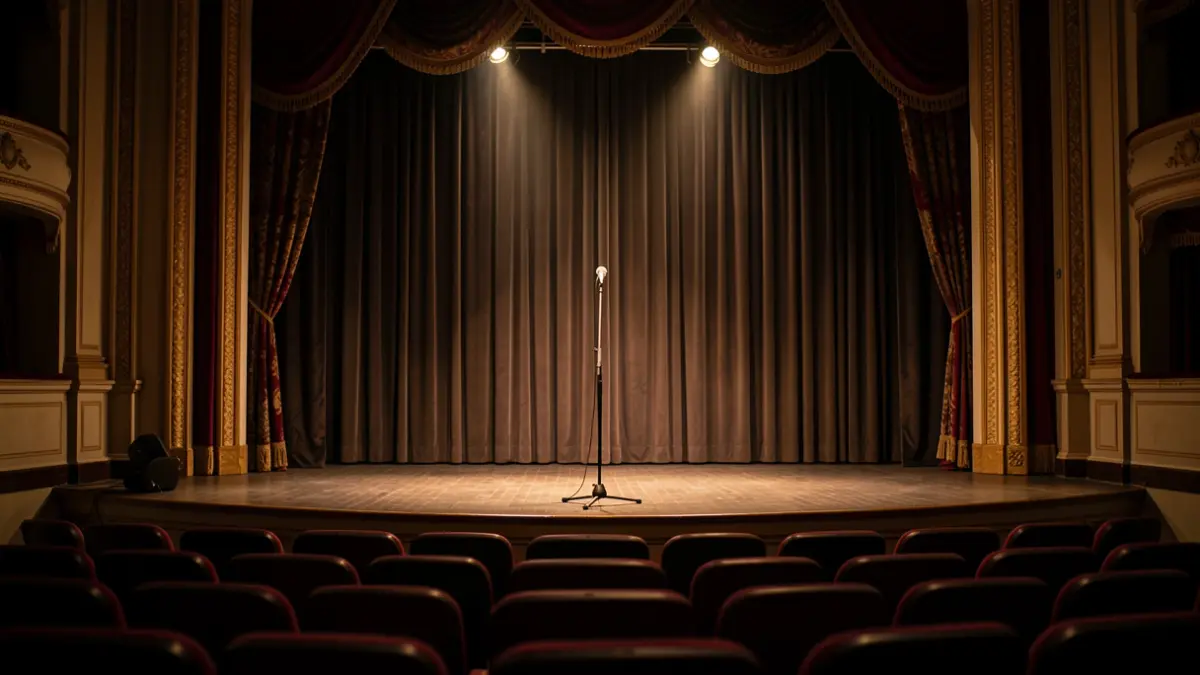 Generic image of a theater stage with a microphone.