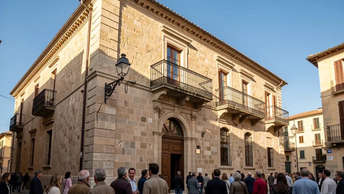 Fachada de piedra del Ayuntamiento de Alzira con balcones ornamentados bajo la luz del sol.