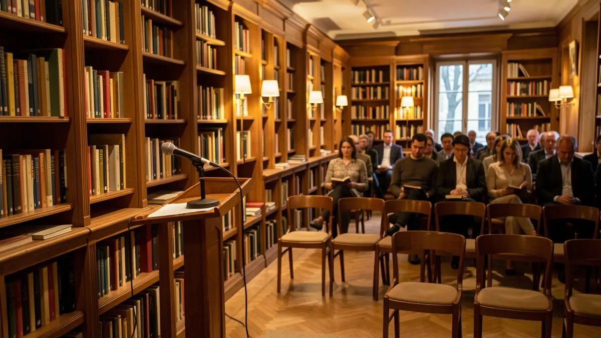 Cultural stage with microphone and bookshelves in a library, warm reading atmosphere.