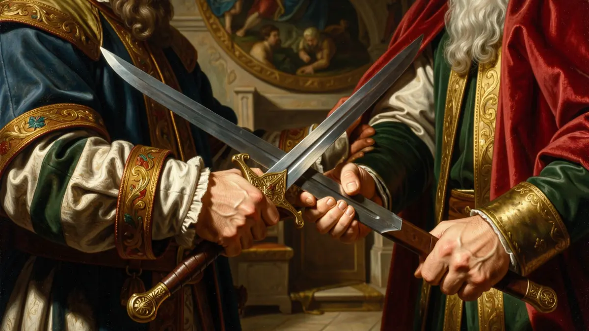 Detall d'una pintura històrica sobre Jaume I i el seu fill Pere.