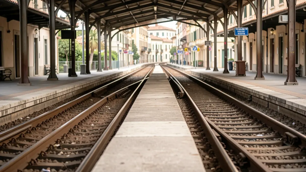 Imagen genérica de un andén vacío con vías de tren en un entorno urbano mediterráneo.