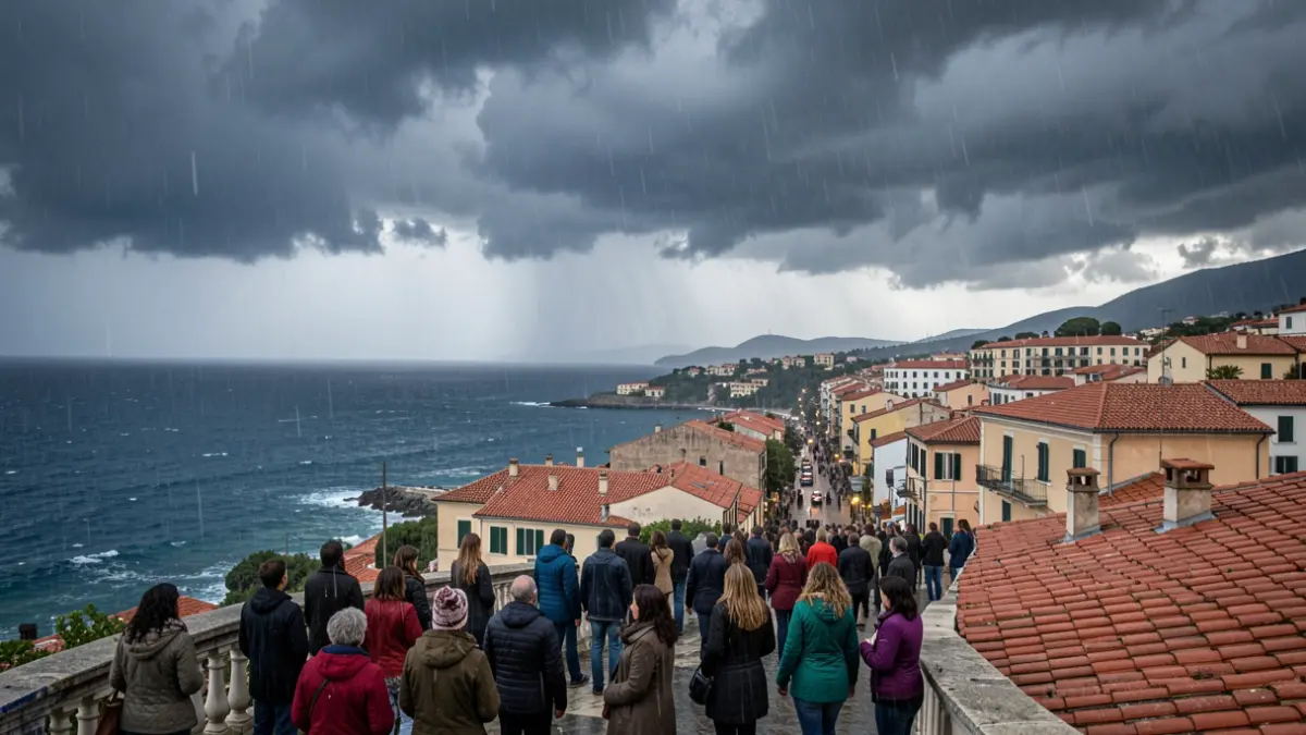 Generic image of a stormy sky over a Mediterranean coastal city with heavy rain.