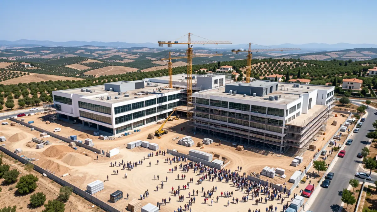 Imatge genèrica d'un hospital en construcció amb grues i bastides.