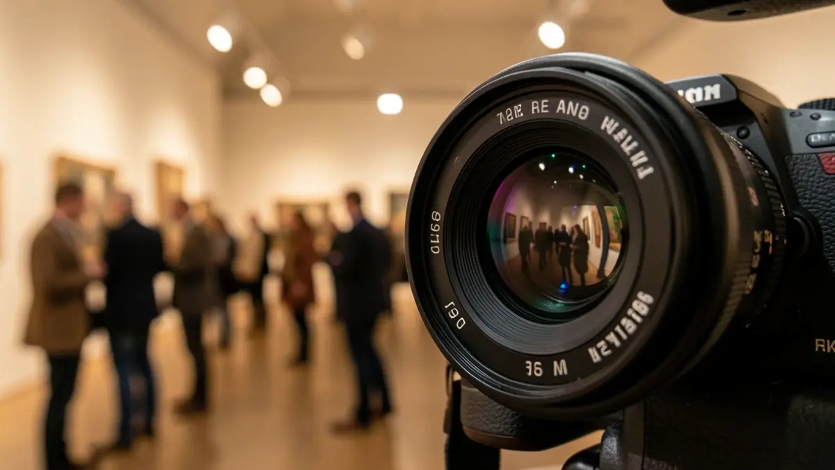 Generic image of a camera lens in front of an exhibition hall.
