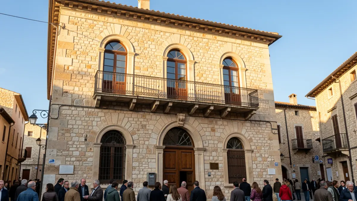 Generic image of a stone town hall facade with an iron balcony.